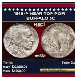 1918-p Buffalo Nickel Near Top Pop! 5c ms66+ SEGS