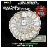 5x 1935 $1 Blue Seal Silver Certificates Heavily C