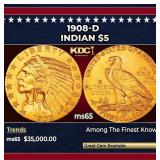 1908-d Gold Indian Half Eagle $5 ms65 USCG