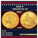 1909-p Gold Indian Quarter Eagle $2 1/2 ms64+ SEGS