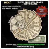 5x 1957 $1 Blue Seal Silver Certificates Grades AU
