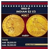 1910-p Gold Indian Quarter Eagle $2 1/2 ms64+ SEGS