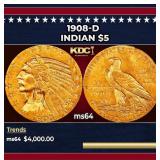 1908-d Gold Indian Half Eagle $5 ms64 USCG
