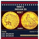 1909-s Gold Indian Half Eagle $5 ms64+ USCG