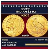 1908-p Gold Indian Quarter Eagle $2 1/2 ms65+ SEGS