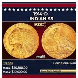 1914-d Gold Indian Half Eagle $5 ms65 USCG