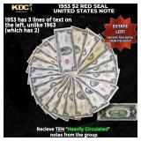 10x 1953 $2 Red Seal United States Note Heavily Ci