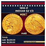 1910-p Gold Indian Quarter Eagle $2 1/2 ms65 SEGS