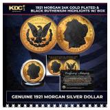 1921 Morgan Dollar $1 24K Gold Plated & Black Ruth