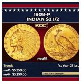 1908-p Gold Indian Quarter Eagle $2 1/2 ms65 SEGS