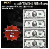 Scarce Uncut Sheet of 4x 2003A $2 Federal Reserve