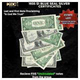 5x 1935 $1 Blue Seal Silver Certificates Grades CU