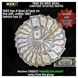 20x 1953 $2 Red Seal United States Note Heavily Ci