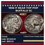 1936-p Buffalo Nickel Near Top Pop 5c ms67+ SEGS