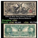1896 $5 Blue Seal Silver Certificate Grades vf+ Si