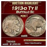 1913-d Ty II Buffalo Nickel 5c ms65 SEGS