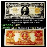 1922 $20 Large Size Gold Certificate Grades vf+ Si