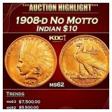1908-d No Motto Gold Indian Eagle $10 ms62 USCG