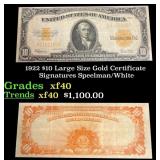 1922 $10 Large Size Gold Certificate Grades xf Sig