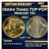 1924-d Mercury Dime Toned TOP POP! 10c ms67 fsb SE