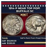 1914-p Buffalo Nickel Near Top Pop! 5c ms67 SEGS