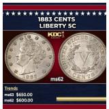 1883 CENTS Liberty Nickel 5c Grades ms62