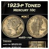1923-p Mercury Dime Toned 10c Grades ms65+ fsb