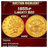 1855-p Gold Liberty Double Eagle $20 ms62 SEGS