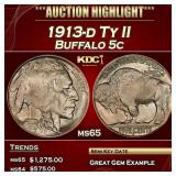 1913-d Ty II Buffalo Nickel 5c Grades ms65