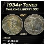 1934-p Walking Liberty Half Dollar Toned 50c ms66+
