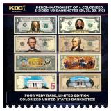 Denomination Set of 4 Colorized 2-Sided US Banknot