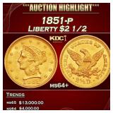 1851-p Gold Liberty Quarter Eagle $2 1/2 ms64+ SEG