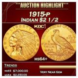 1915-p Gold Indian Quarter Eagle $2 1/2 ms64+ SEGS