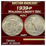 1939-p Walking Liberty Half Dollar 50c ms67 SEGS