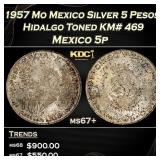 1957 Mo Mexico Silver 5 Pesos Hidalgo Toned KM# 46
