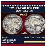 1929-p Buffalo Nickel Near Top Pop 5c ms66+ SEGS
