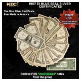 5x 1957 $1 Blue Seal Silver Certificates Grades CU