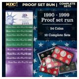 1990-1999 Full Decade Proof Set Run - 54 Coins, 10