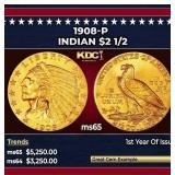 1908-p Gold Indian Quarter Eagle $2 1/2 ms65 SEGS
