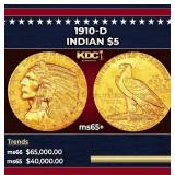 1910-d Gold Indian Half Eagle $5 ms65+ USCG
