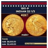 1911-p Gold Indian Quarter Eagle $2 1/2 ms64+ SEGS