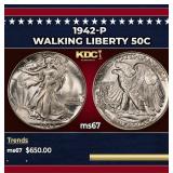 1942-p Walking Liberty Half Dollar 50c ms67 SEGS