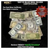 20x 1957 $1 Blue Seal Silver Certificates Heavily