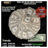 1x 1934 $5 Blue Seal Silver Certificate Grades CU