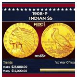 1908-p Gold Indian Half Eagle $5 ms65+ USCG