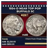 1934-d Buffalo Nickel Near Top Pop 5c ms66 SEGS