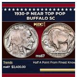 1930-p Buffalo Nickel Near Top Pop 5c ms67 SEGS