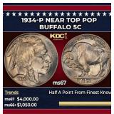 1934-p Buffalo Nickel Near Top Pop 5c ms67 SEGS