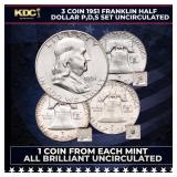 3 Coin 1951 Franklin Half Dollar P,D,S Set Uncircu