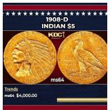 1908-d Gold Indian Half Eagle $5 ms64 USCG